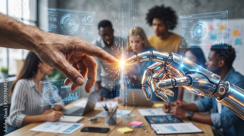 AI and Human Collaboration: A robotic hand and a human finger touch.