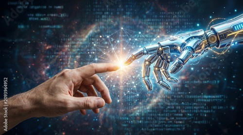 The Touch of Innovation: A human hand reaches out to a futuristic robotic hand.