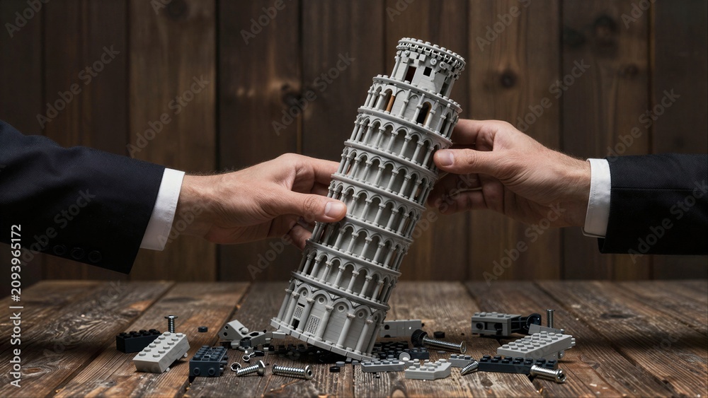 Fototapeta premium Two hands hold a LEGO Leaning Tower, surrounded by scattered pieces.