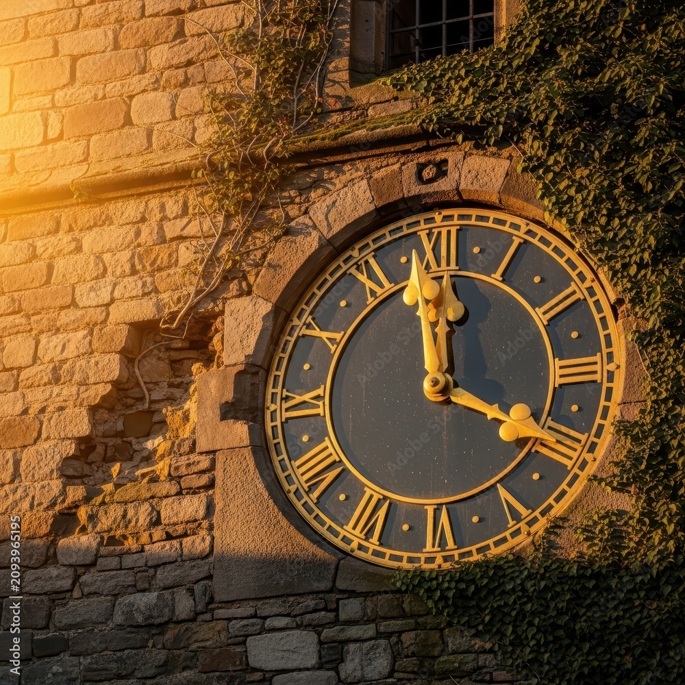 Naklejka premium Antique Clock on Historic Stone Building at Sunset.
