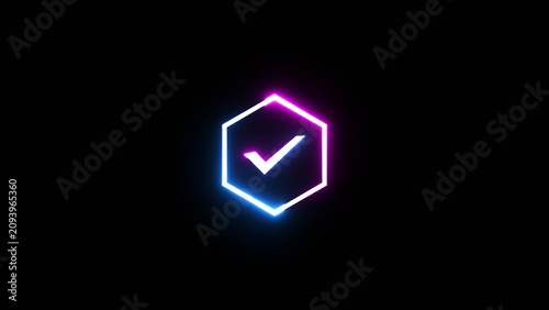 Hexagon shape with check mark icon inside neon light glowing on black background.