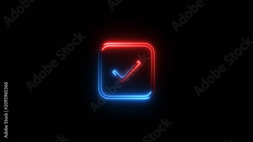 Neon glowing square icon with check mark for verified status on black background.