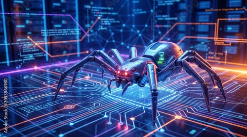 Cybernetic Spider: A futuristic mechanical spider, a technological marvel with glowing red eyes and intricate metallic parts, stands on a glowing circuit board.
