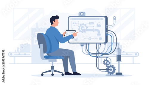 Engineer sits in an office chair configuring complex machinery parameters on a digital dashboard with wires.
