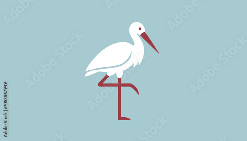 White stork standing on one leg against a simple blue background represents grace, nature, and wild bird life.