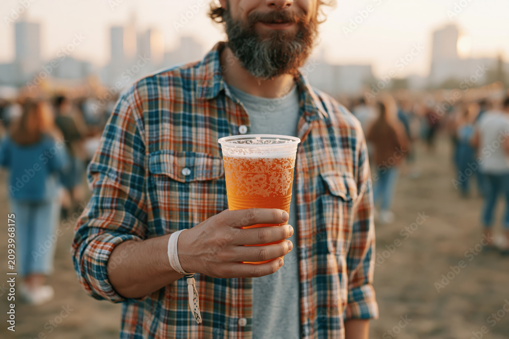 Fototapeta premium Bearded man holding a plastic cup of cold craft beer at an outdoor summer music festival event