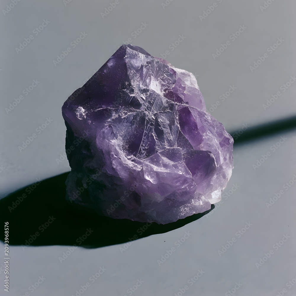 Fototapeta premium Amethyst crystal cluster with deep purple facets and dramatic shadow