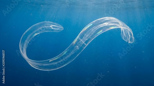 Transparent bioluminescent sea creature swimming in deep ocean