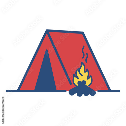 Red tent with blue outline and campfire camping outdoor adventure