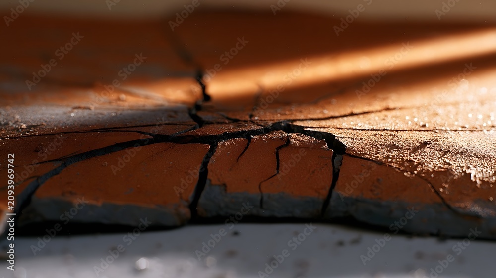 Fototapeta premium Macro view of cracked terracotta clay illuminated by diagonal studio light