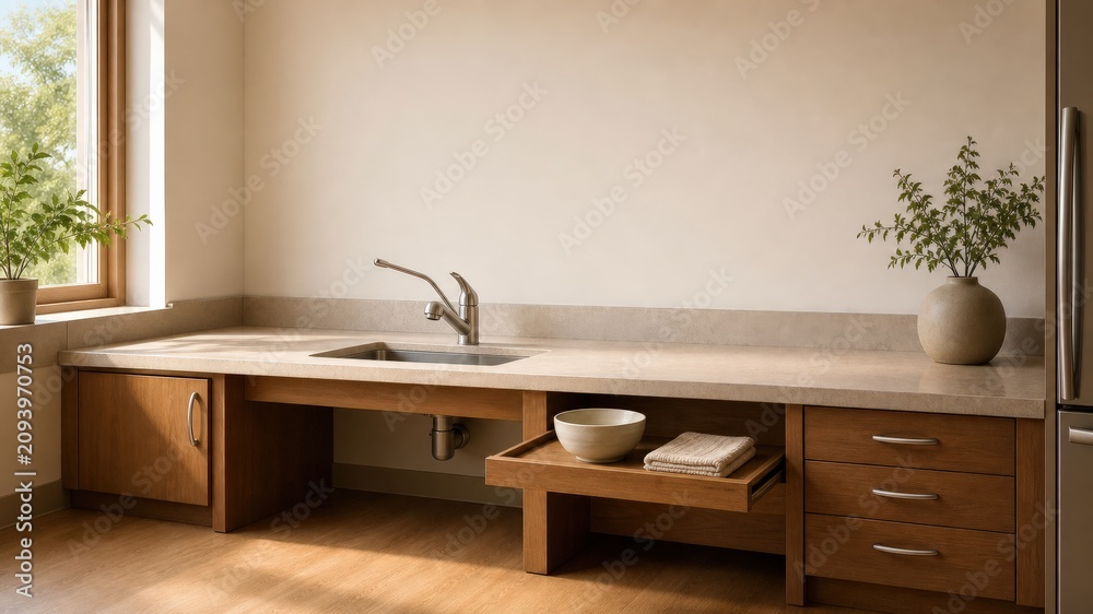 Fototapeta premium Longevity Economy Accessible Kitchen with Pullout Shelf and Faucet