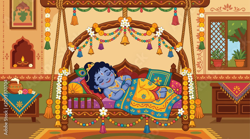 Baby Krishna sleeps peacefully in a decorated cradle on Janmashtami night indoors