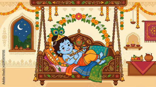 Baby Krishna celebrates Janmashtami in cradle surrounded by decorations