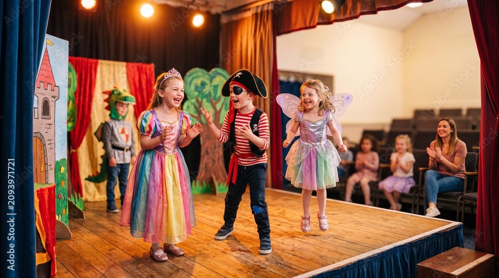 Obraz premium Happy children in costumes performing a theater play on stage with audience