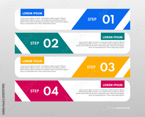 Business infographic timeline vector illustration with four steps and horizontal banner cards with alternating colorful geometric diagonal cut layout over dark background
