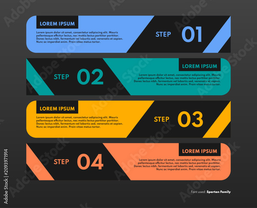 Business infographic timeline vector illustration with four steps and colorful horizontal banner cards with alternating black geometric diagonal cut layout over dark background
