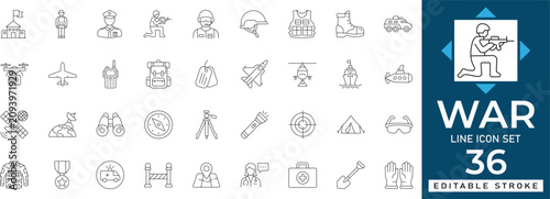 Cuadro en lienzo War line icon set featuring military conflict, battlefield combat, weapons, defense armor, and tactical army equipment