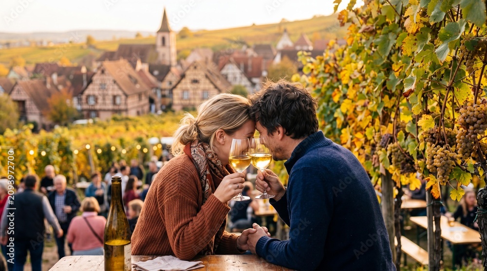 Obraz premium Romantic Couple Toasting with Wine at an Alsace Harvest Festival in France