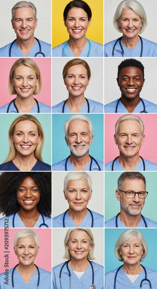 Fototapeta premium A multi-ethnic collage of faces in social care roles with compassionate expressions, highlighting unity and collective community support, kindness, heartfelt, outreach