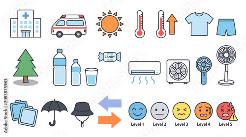Weather forecast icons show heat levels rising from umbrella to fan with various symbols for sun, temperature, and health impacts.