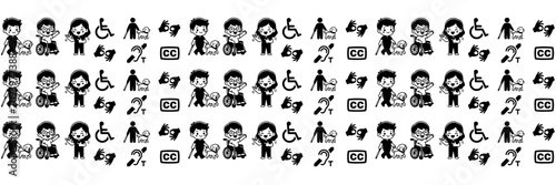Disability accessibility icon set featuring inclusive characters and universal symbols in black minimalist style
