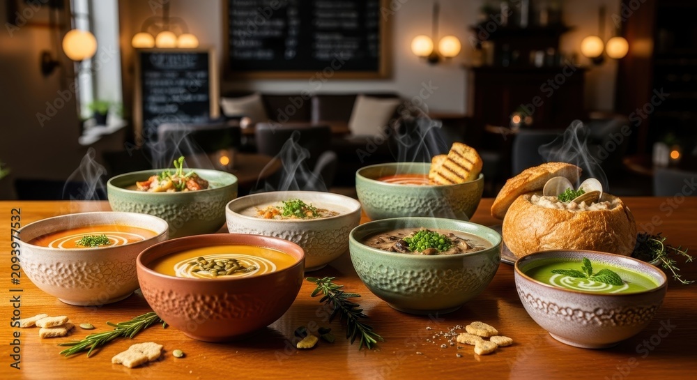 Fototapeta premium Assorted colorful soups on rustic wooden table in cozy restaurant.