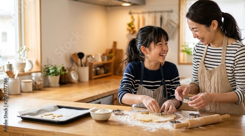 キッチンで楽しくクッキー作りをする親子