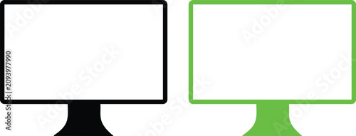 Two computer monitors with blank screens one black and one green on white background  office technology devices