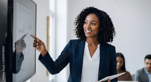 Confident Black Businesswoman Leading Modern Office Presentation with Digital Screen and Data Analysis