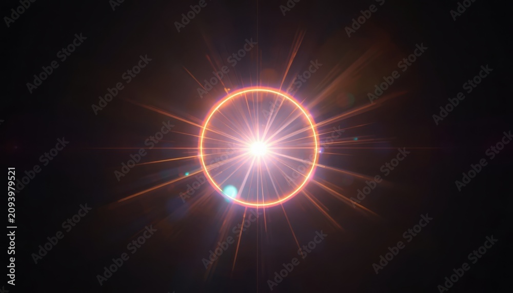 Fototapeta premium Bright lens flare radiates from a central glowing circle, casting sharp light beams into the darkness.