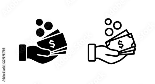 Canvastavla Hand holding paper currency with falling coins for payment or financial
