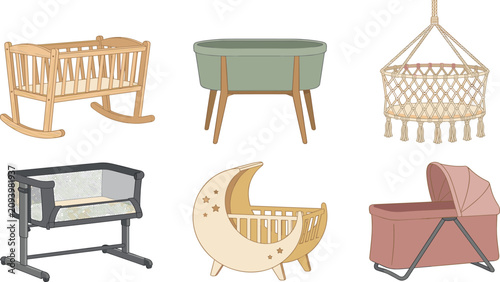 Canvastavla Modern Baby Crib and Bassinet Vector Collection with Wooden Rocking Cradle, Macr