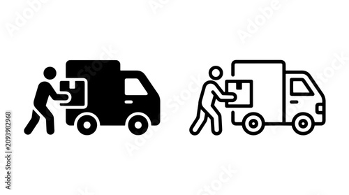 Delivery worker loading cardboard package into truck icon set with delivery