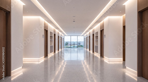 Konstfotografi Symmetrical Modern Hallway with Window and Recessed Lighting