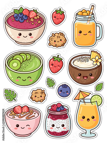Colorful vector illustration set featuring cute kawaii style healthy breakfast bowls and refreshing fruit smoothies with happy smiling faces