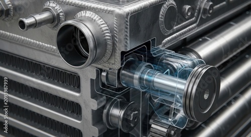 Detailed close-up of a complex industrial metal heat exchanger with internal components visible.