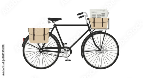 Foto Classic black delivery bike with pannier bags and newspapers
