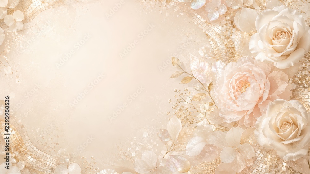 Fototapeta premium Rose Blossoms and Golden Glitter Background with Copy Space