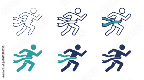 Runner crossing finish line icon set victory concept