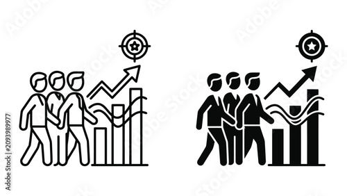 Business team achieving financial success and progress icon set with business