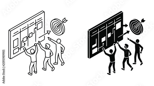 Business team strategic planning and goal setting isometric icon set
