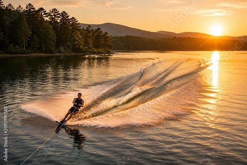 A waterskier gliding on a calm lake during the golden hour, creating a long white wake.