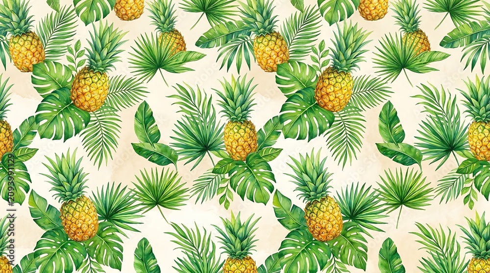 Fototapeta premium A vibrant summer pattern of pineapples and palm trees on a light background