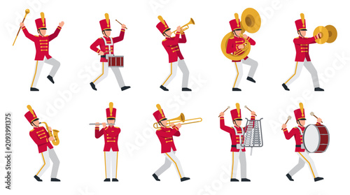 A collection of cartoon marching band musicians in red uniforms playing different brass, woodwind, and percussion instruments.