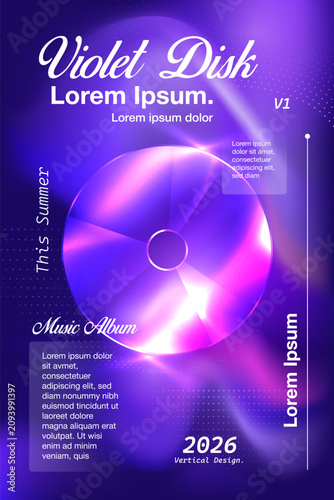 Cyberpunk club event flyer design template, aesthetic Y2K purple glowing CD disc vector illustration for techno concert.