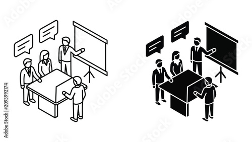 Business presentation and strategic meeting isometric icons with presentation
