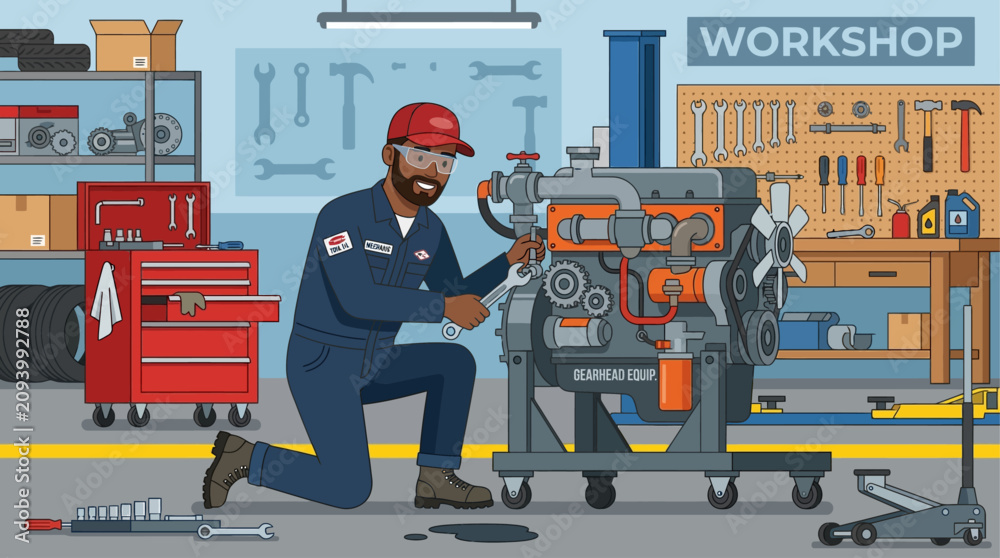 Fototapeta premium Worker Appreciation on Labor Day vector illustration of a man in a workshop scene