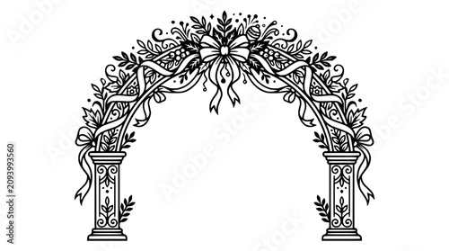 Schilderij op canvas Elegant Floral Archway with Bow and Ribbons - Hand-Drawn Wedding Decoration