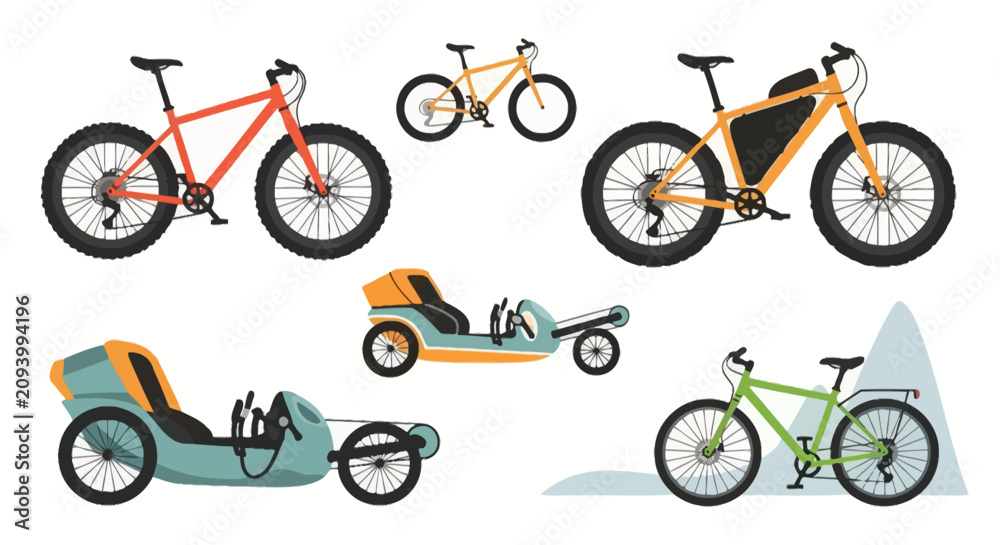 Fototapeta premium Various bicycle types including fat bikes and recumbents