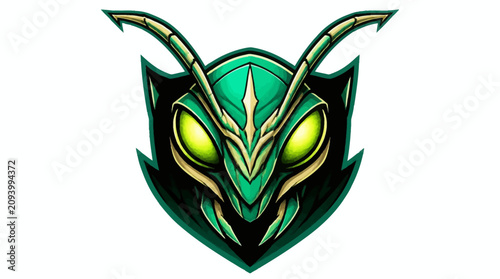 Bild auf Leinwand Green Insect Head Emblem Shield Logo Design.